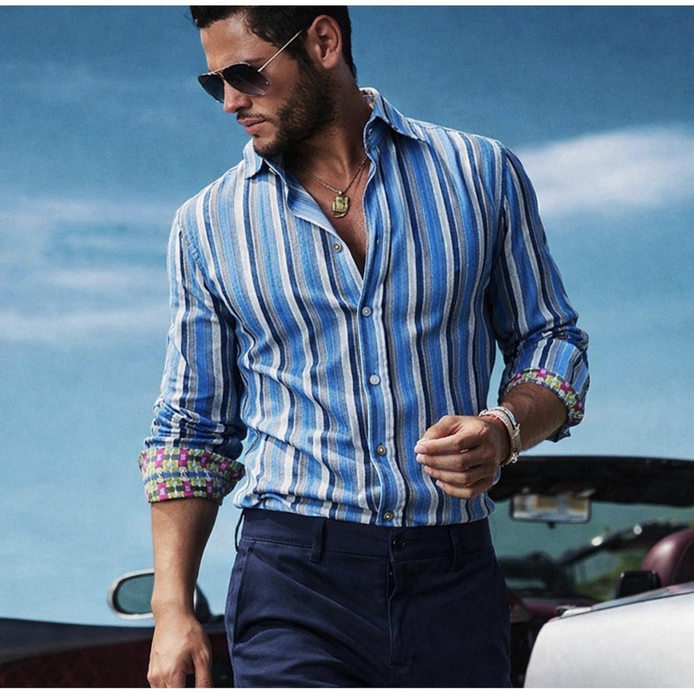 Robert Graham Blue Striped Shirt Mens L Cotton Silk Cuff Detail $375